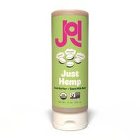 A tall JOI Organic Hemp Base squeeze pouch with a green label featuring "Just Hemp" and "USDA Organic" and "Non GMO Verified" seals.