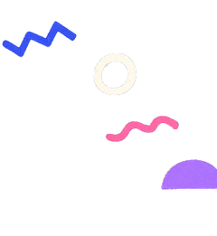 Abstract minimalist graphic with geometric shapes on a white background: a blue zigzag in the upper left, a cream ring near the center, a pink wavy line in the middle, and a purple semicircle in the lower right.