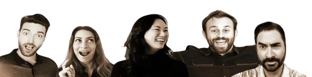 Group of smiling people showing surprised and excited expressions.