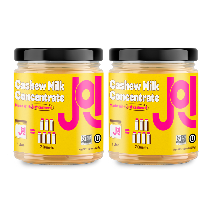Two JOI Cashew Milk Concentrate Plant Base jars are shown, each making 7 quarts and labeled Non-GMO and Kosher.