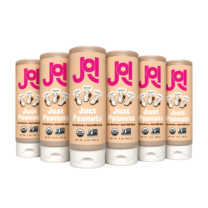 Six squeezable tubes of JOI Organic Peanut Base are shown, featuring "Just Peanuts" and USDA Organic certifications.