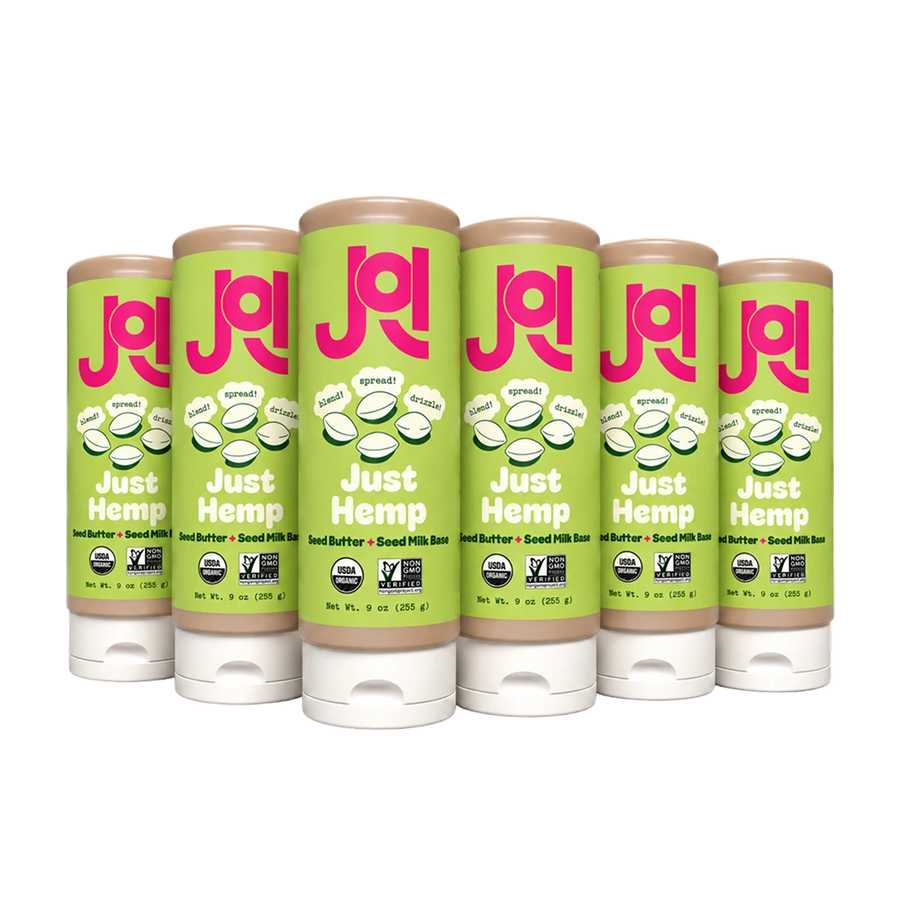 Six JOI Organic Hemp Plant Bases in easy-squeeze green tubes, with "Just Hemp" text and USDA Organic certifications.