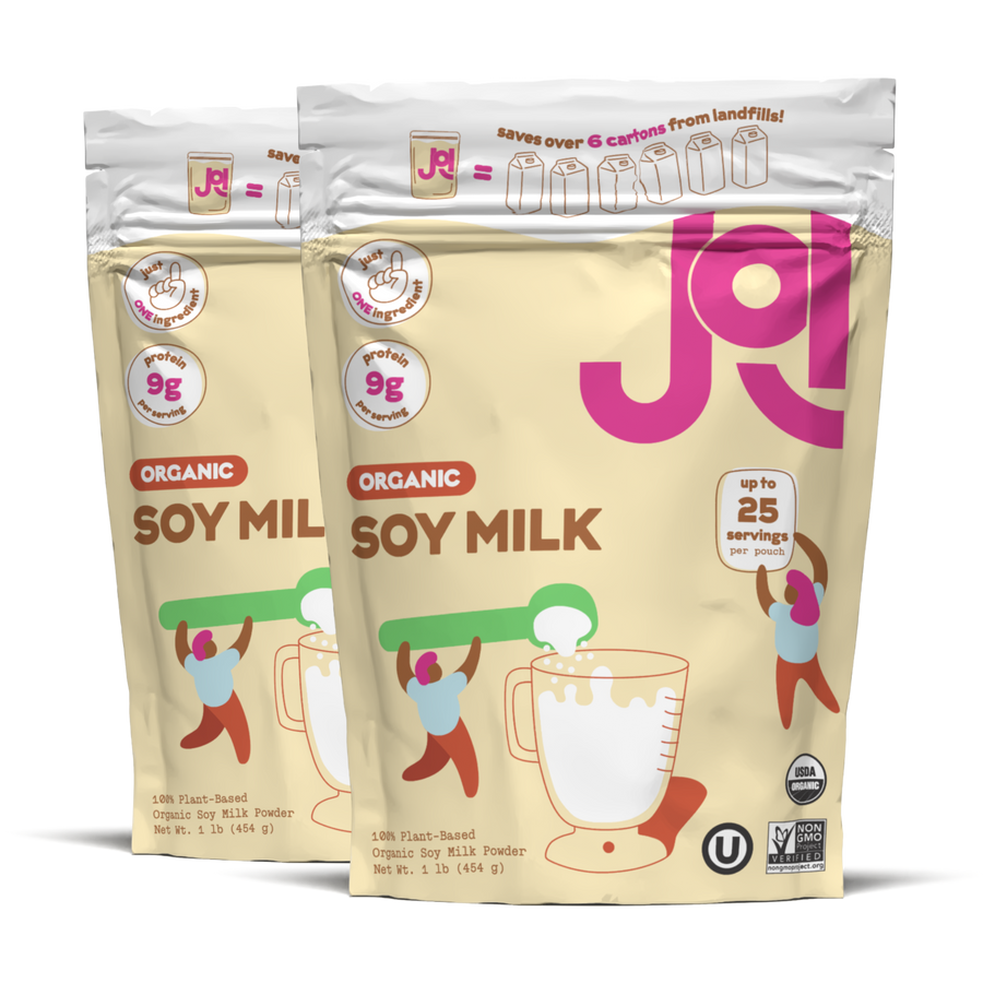 Two packages of JOI Organic Soy Milk on a white background