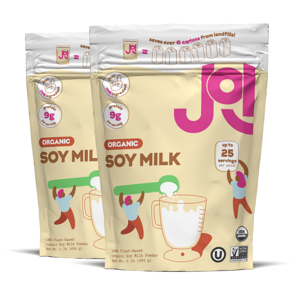 Two packages of JOI Organic Soy Milk on a white background