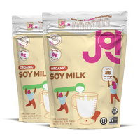 Two packages of JOI Organic Soy Milk on a white background
