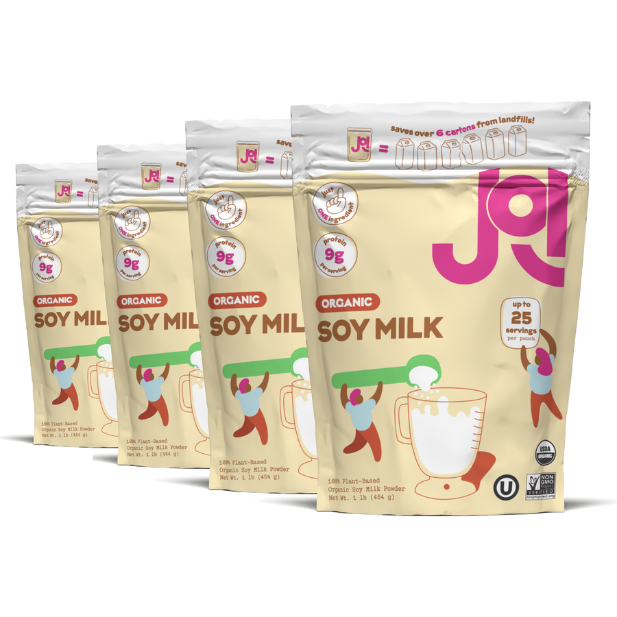 Packets of JOI Organic Soy Milk on a white background